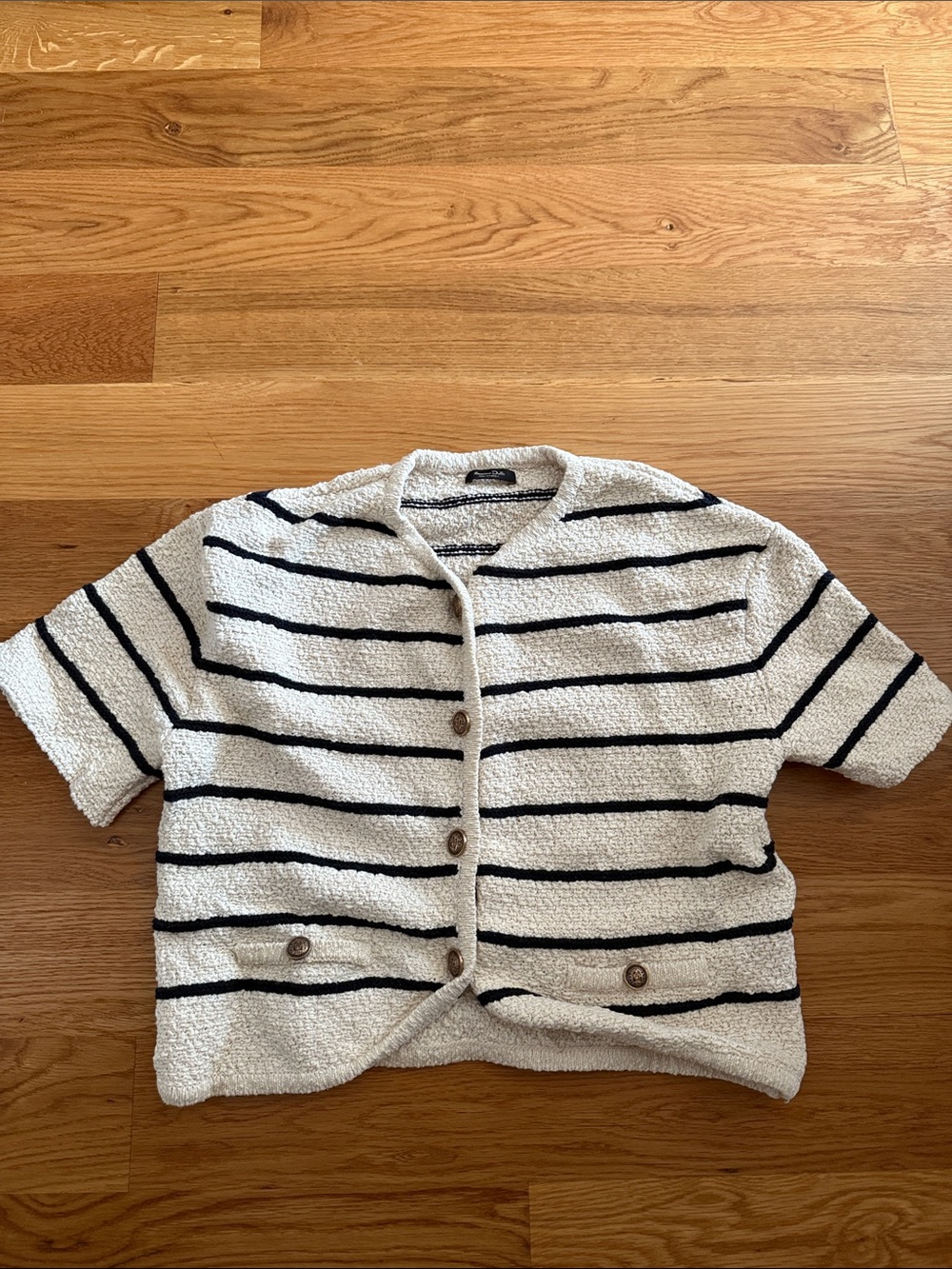 Massimo Dutti Striped Bouclé Button-Front Short Sleeve Cardigan in Cream & Black